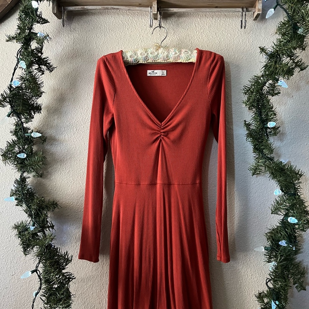 Hollister Red Long Sleeve V-Neck Sundress